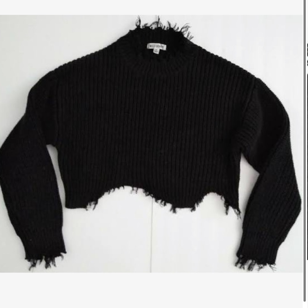 Wild Honey Crop Distressed Hem Ribbed Knit Sweater